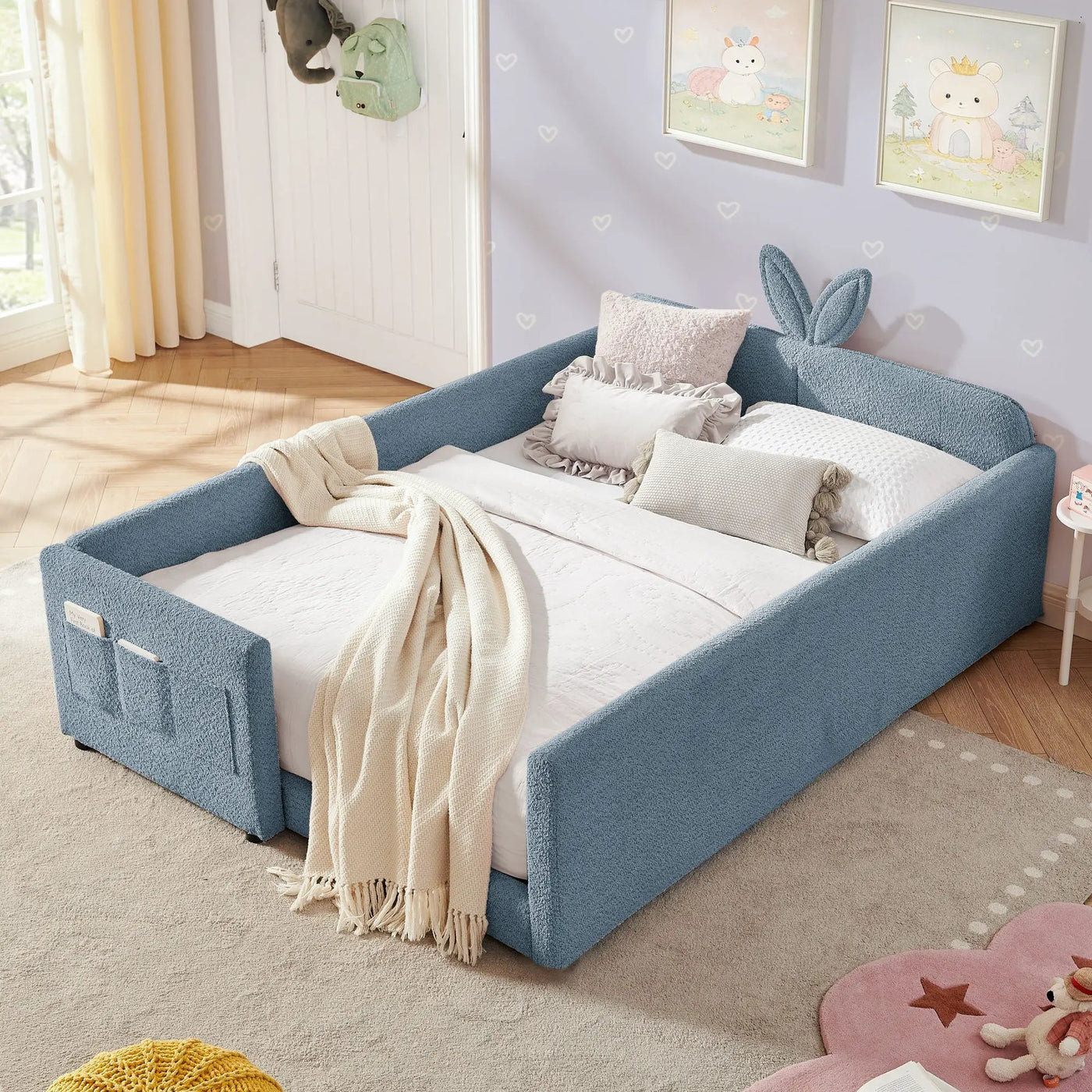 Cute Rabbit Ear Upholstered Platform Bed Frame With Safety Rail by Unique Piece Furniture