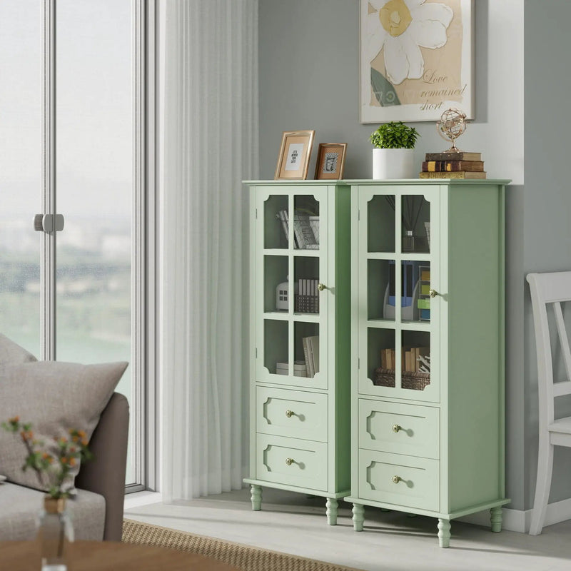 Minimalism Buffet Cabinet With Glass Doors And Double Drawer