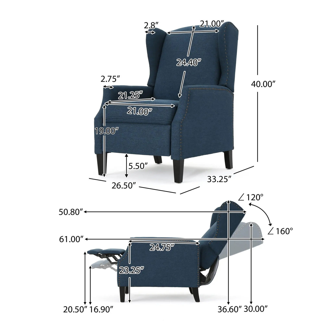Westeros Wing Back Fabric Upholstered Recliner by Unique Piece Furniture