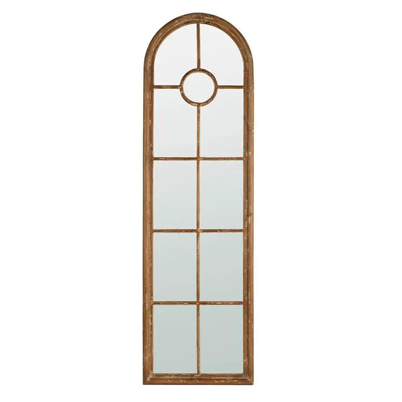 Half Round Elongated Mirror With Decorative Window Look Classic Architecture Style Solid Fir Wood Interior Decor - Brown by Unique Piece Furniture