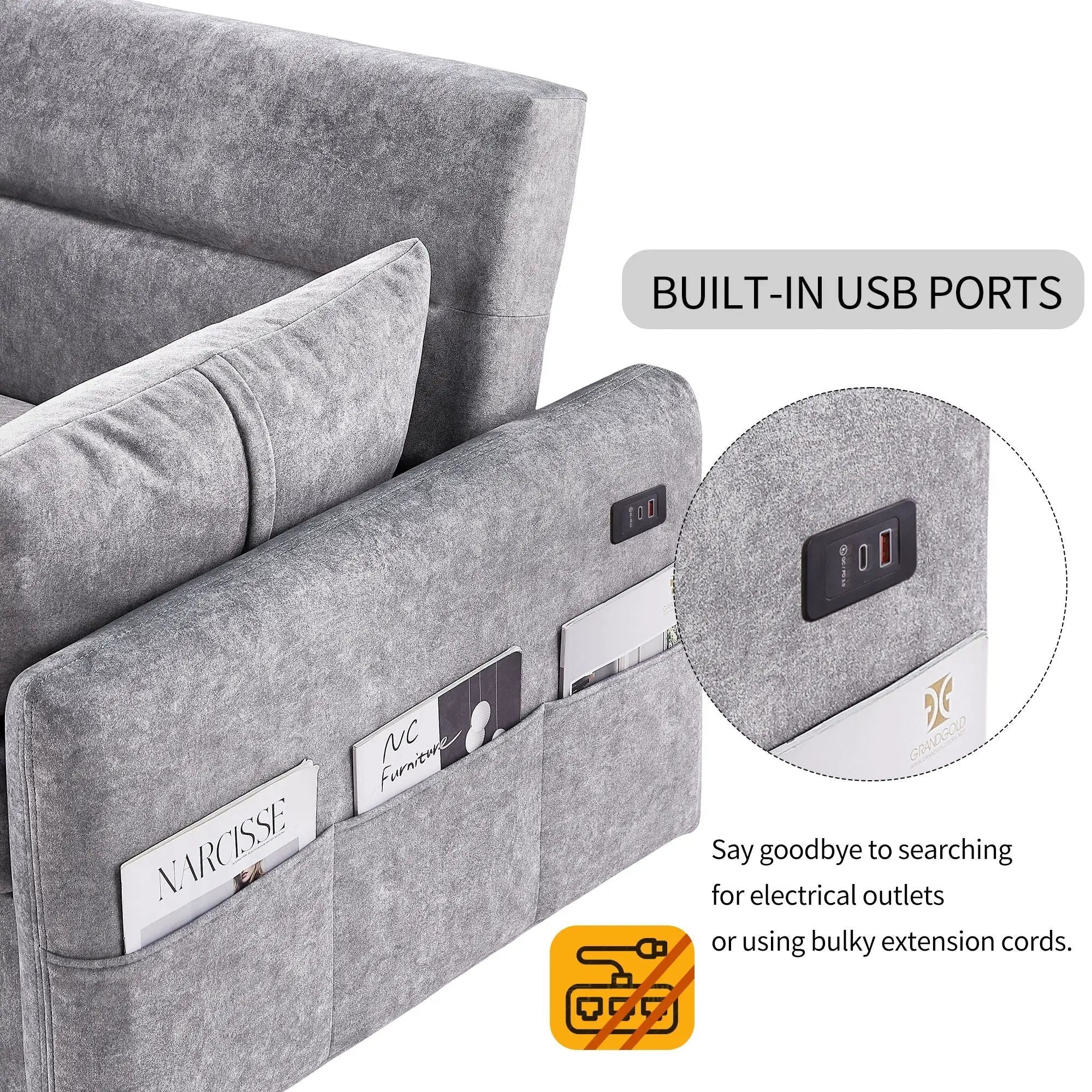 Pull Out Sleep Sofa Bed Loveseats Sofa Couch With Adjsutable Backrest, Storage Pockets, 2 Soft Pillows, USB Ports For Living Room, Bedroom, Apartment, Office by HouseOfZazla