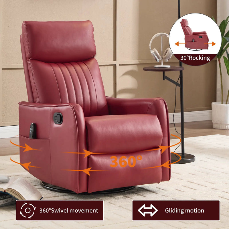 Red Faux Leather Heat Massage Manual Recliner Chair with Rocker and Swivel by HouseOfZazla