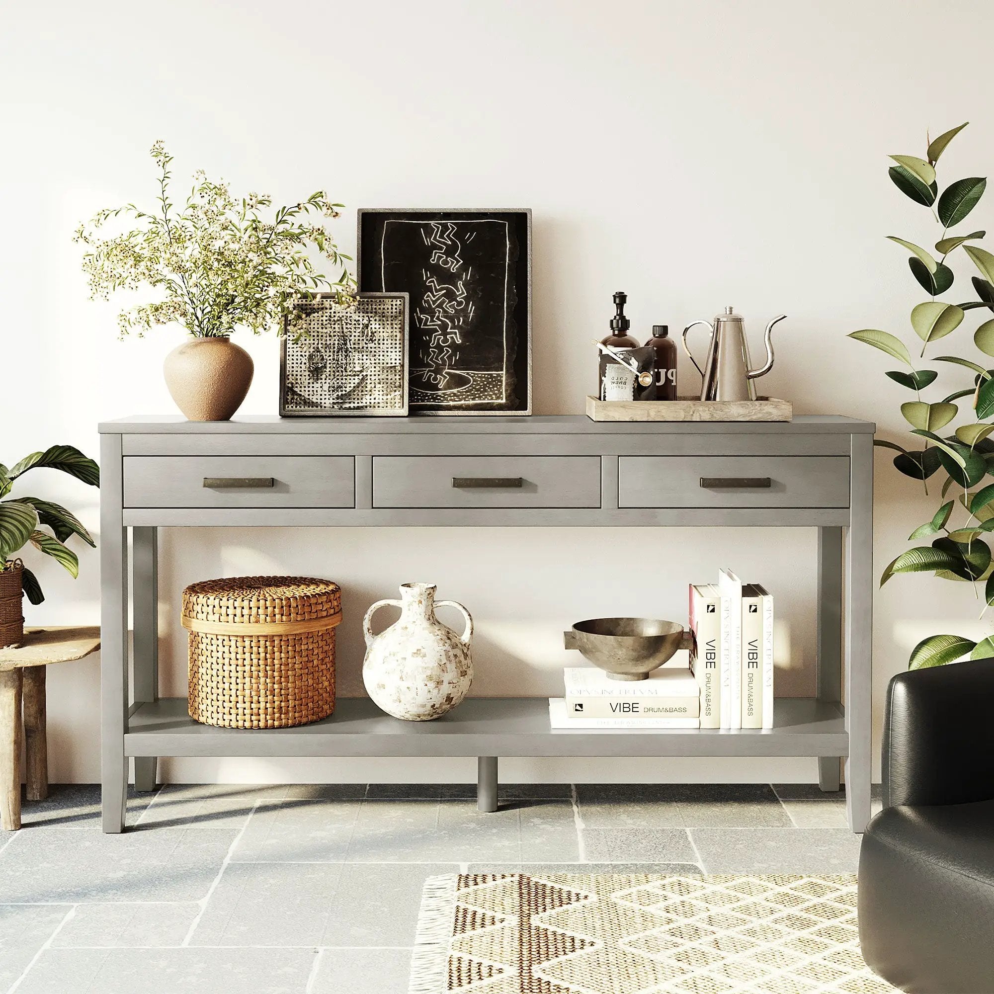 U_STYLE 59.1'' Farmhouse Entryway Table with 3 Drawers by HouseOfZazla