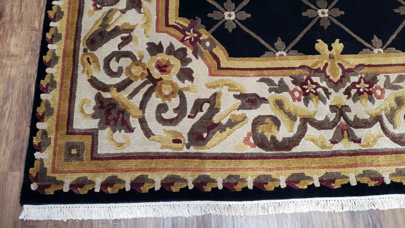 Nepal Rug 6x9, Nepalese Aubusson Area Rug 6 x 9, Hand-Knotted Wool Soft Pile Black & Beige Tibetan Aubusson New Carpet European Savonnerie by Jewel Rugs