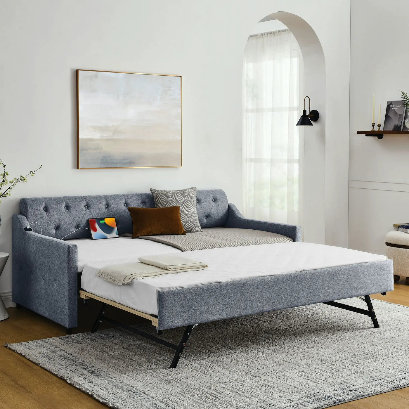 Size Upholstered Daybed With Trundle And USB Charging Armrest by Unique Piece Furniture