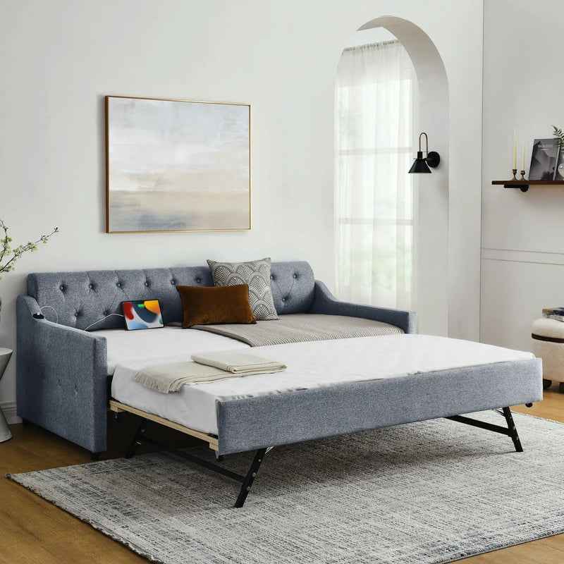 Size Upholstered Daybed With Trundle And USB Charging Armrest by HouseOfZazla
