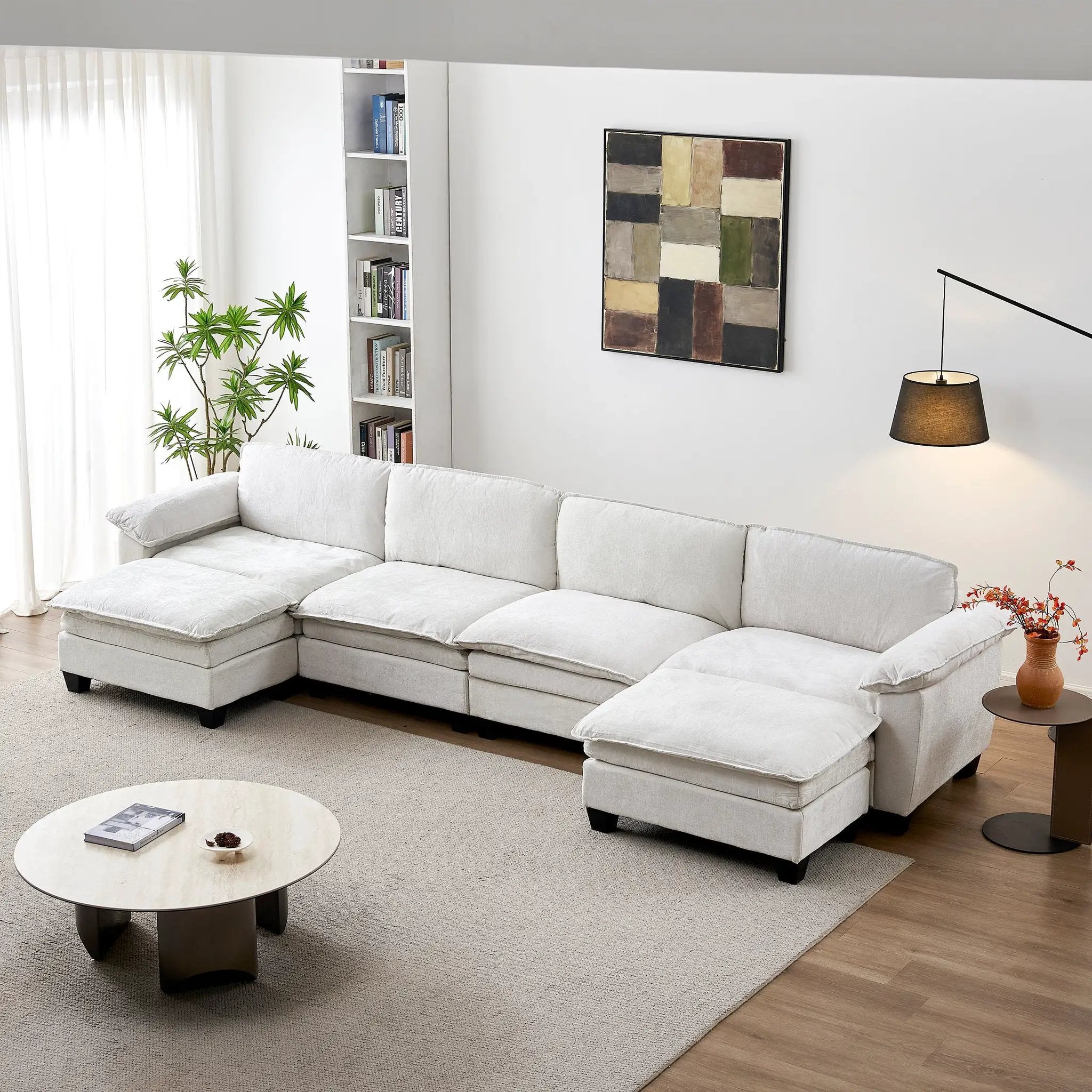 Living Room Furniture Sofa Luxury Couch Four Seater with Two Ottomans Soft Chenille Upholstered U Shape Sofa by HouseOfZazla