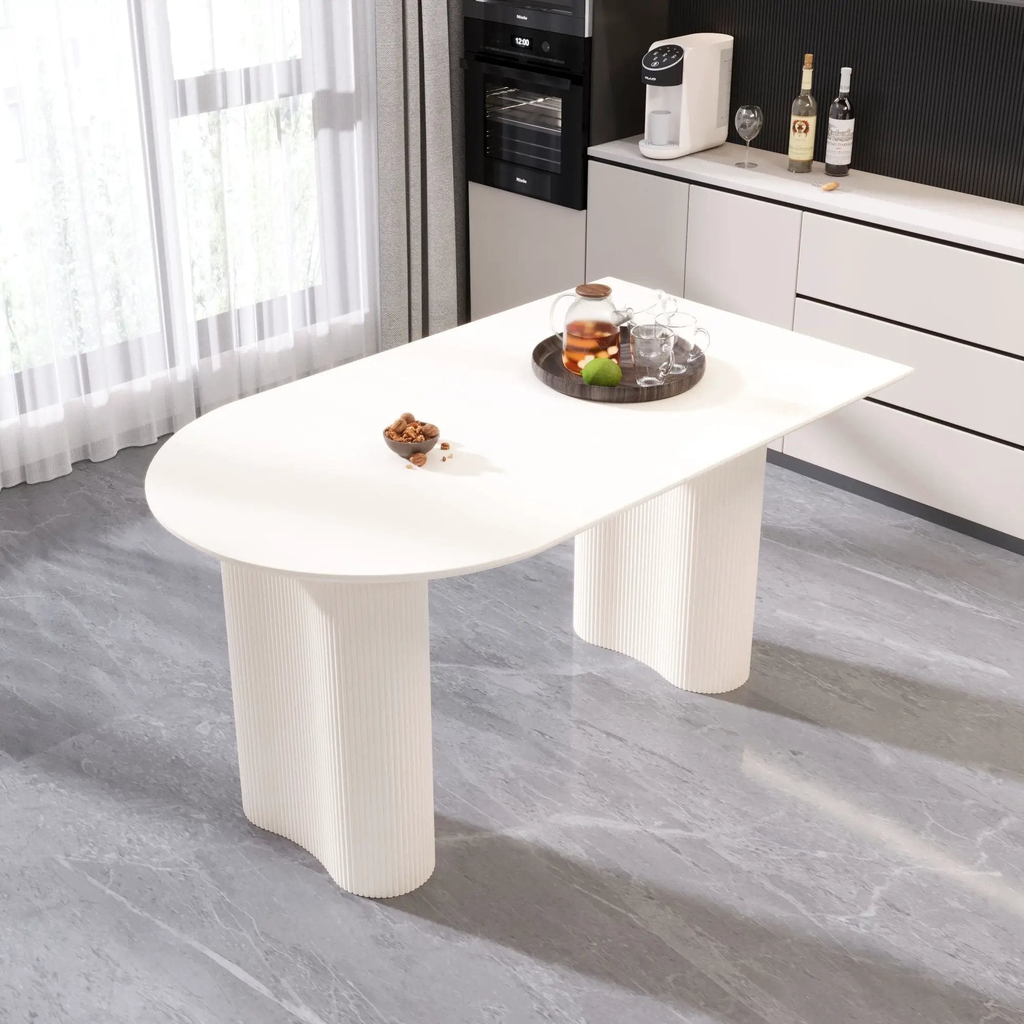 Modern Cream Style Dining Table With Round Wave Legs, 4 - 8 Person - Cream White by HouseOfZazla