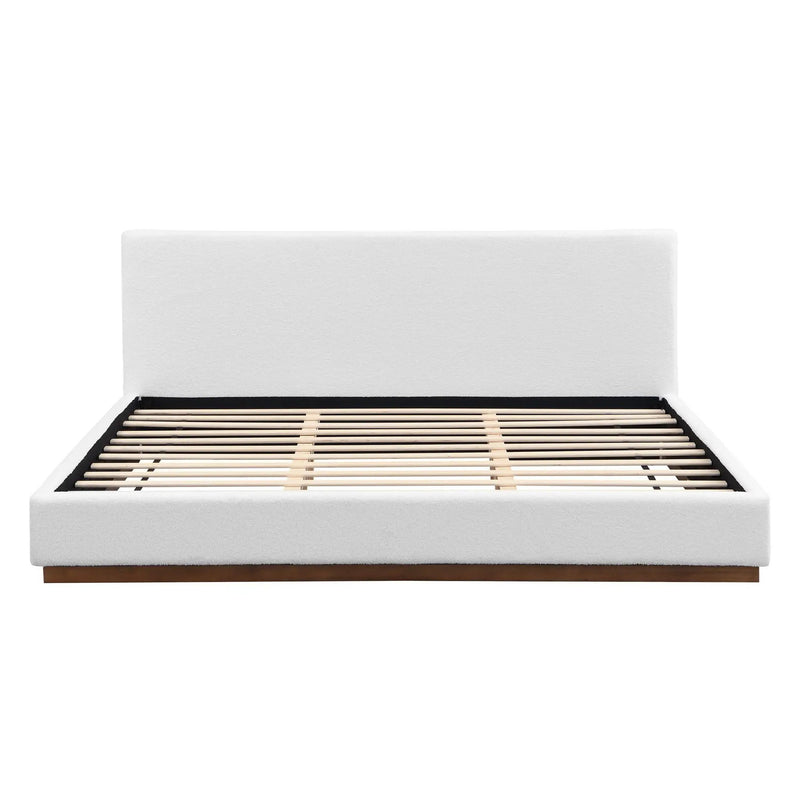 Elegant Boucle Upholstered Bed With Wood Grain Textured Solid Wood Base Frame by HouseOfZazla