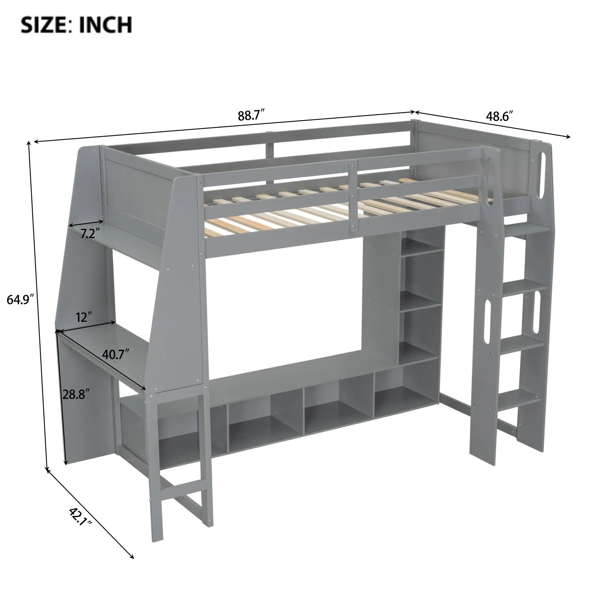 Gaming Loft Bed With Desk, Multi Storage Shelves, LED Lighting, And Hanging Clothes Rack by HouseOfZazla