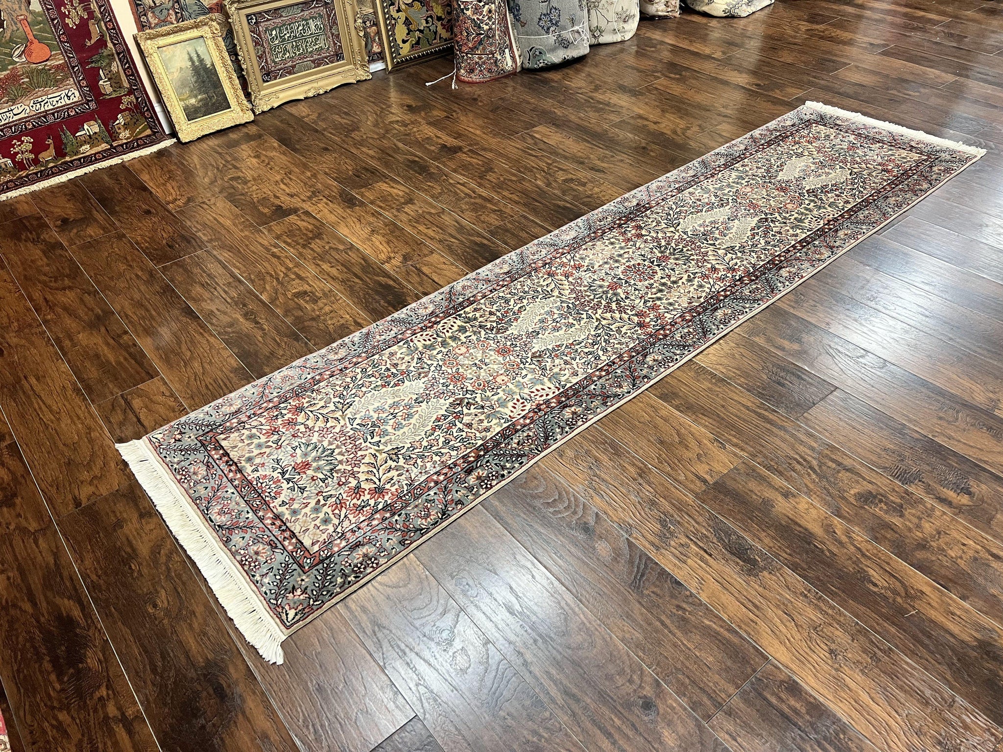Sino Persian Runner Rug 2.7 x 10, Floral Kirman Lavar Carpet for Hallway, Cream, Handmade Wool Vintage Rug by Jewel Rugs
