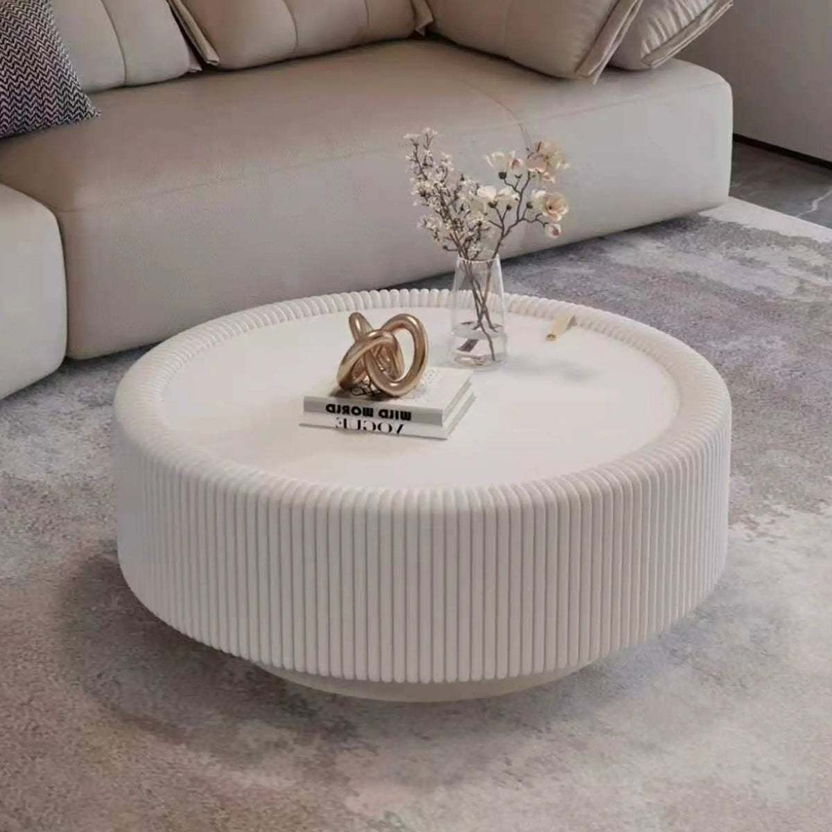 White Round Fluted Coffee Table with Hidden Storage by HouseOfZazla