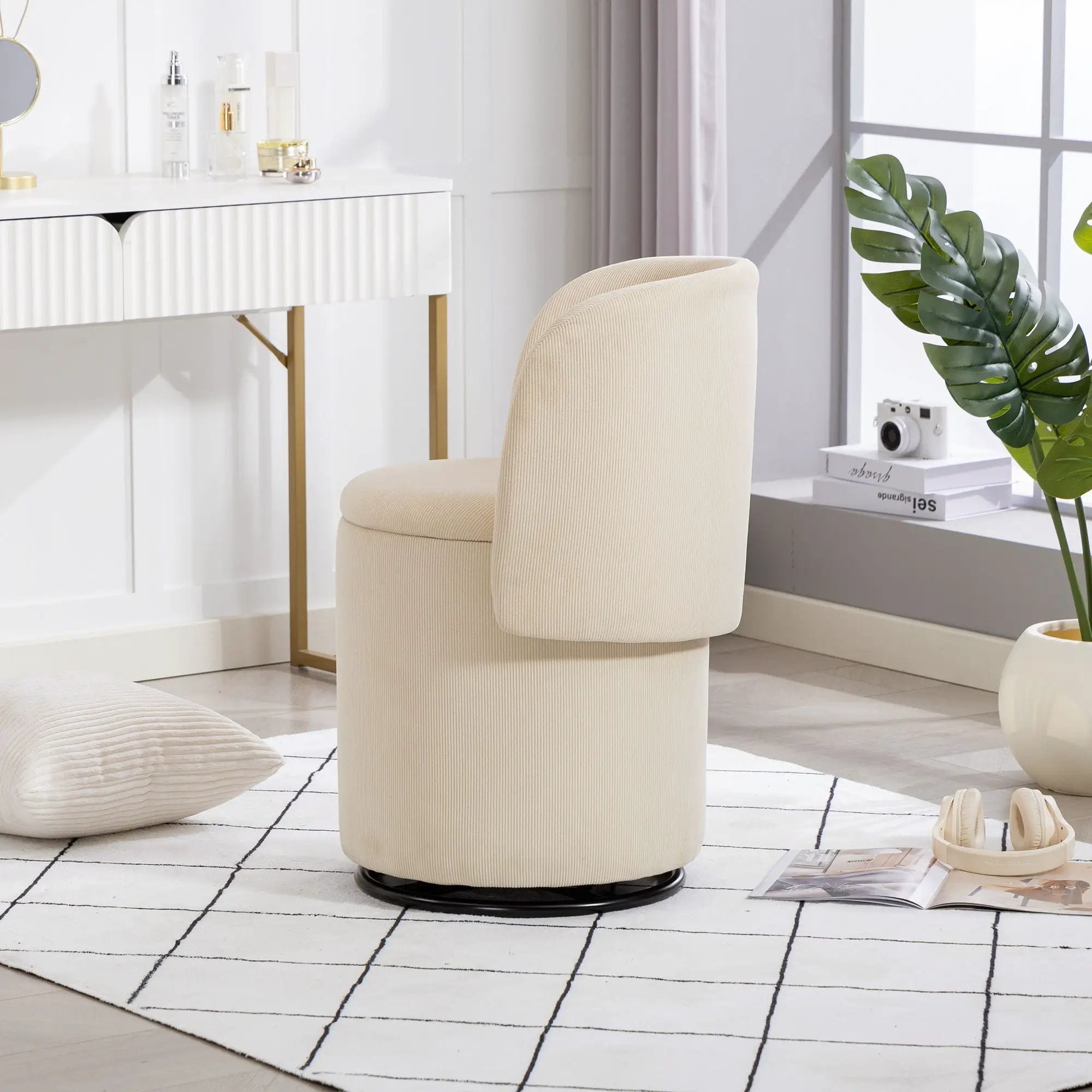 Barrel Chair, Built In Storage, 360° Swivel - Beige by HouseOfZazla
