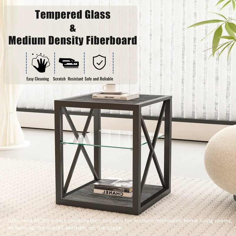 Modern End Table Nightstand with Tempered Glass & Wood Grain MDF by HouseOfZazla