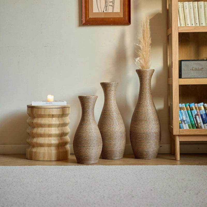 3 Piece Artificial Rattan Floor Vase Set Decorative Accent For Living Room, Hallway & Entryway, Ideal For Dried Or Silk Flower Arrangements - Beige by HouseOfZazla