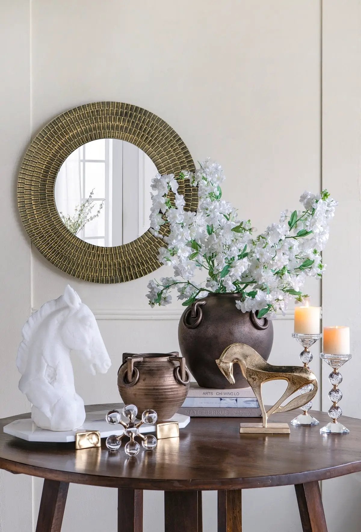 29.5" Round Gold and Black Wooden Accent Mirror with Woven Texture by HouseOfZazla