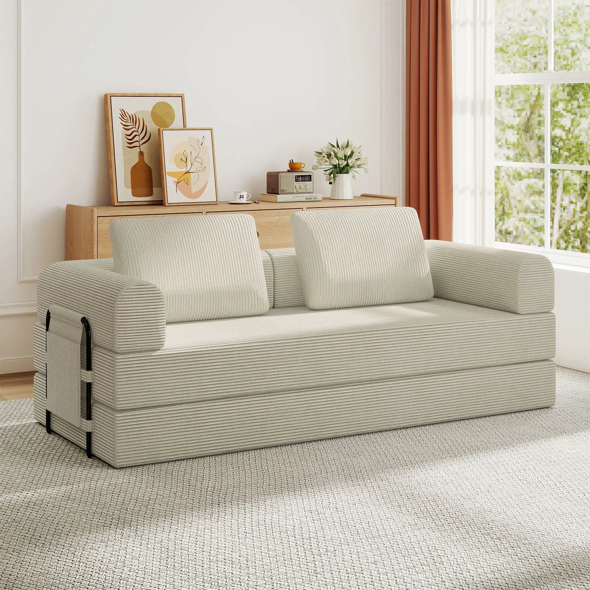Convertible Sleeper Sofa Bed With Cylindrical Pillow, Fixed Shape Frame by Unique Piece Furniture