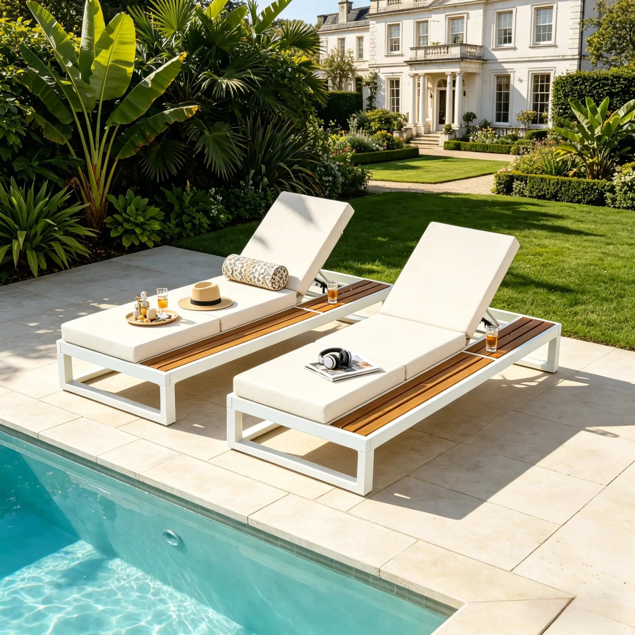 White Iron & Teak Finish Chaise Lounge Set by HouseOfZazla