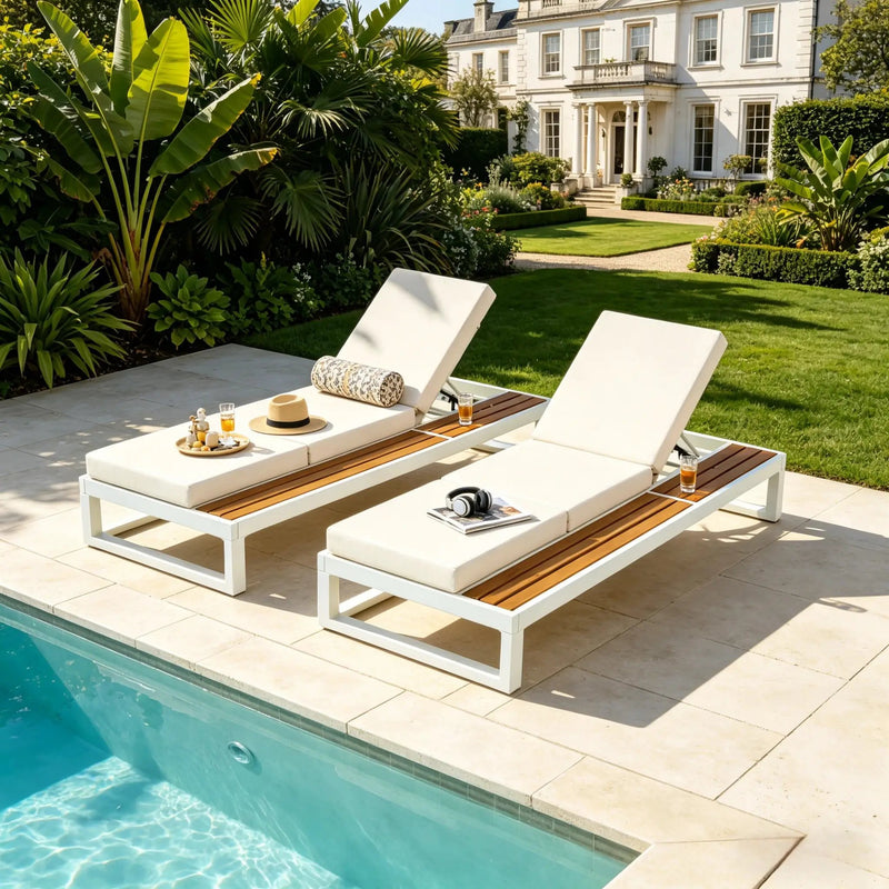 White Iron & Teak Finish Chaise Lounge Set by HouseOfZazla