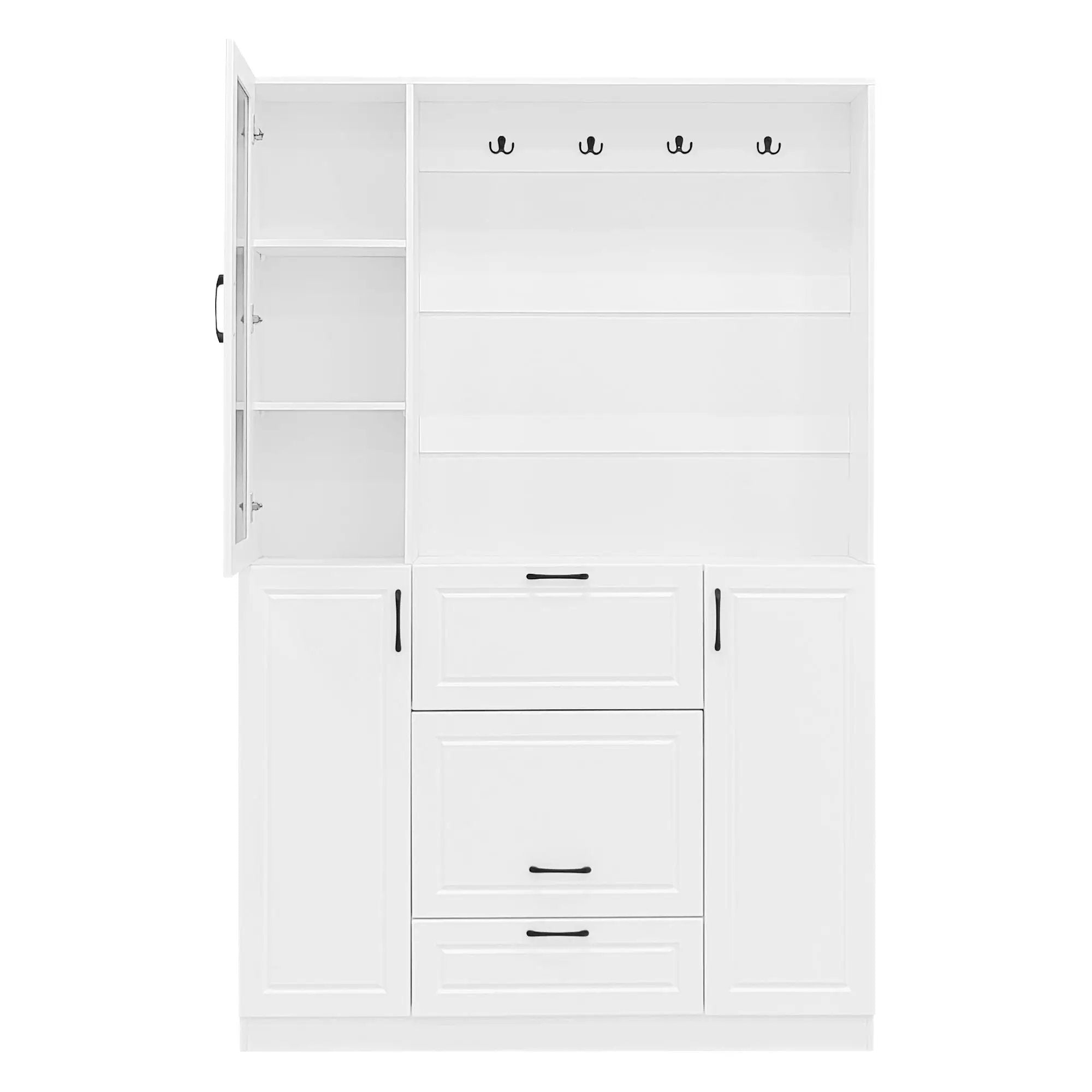 Entryway Bench With Integrated Shoe Cabinet, 3 In 1 Design And Mirrored Cabinet Door, Hall Tree With 4 Sturdy Hooks And Foldable Seat For Entrance, Living Room - White by HouseOfZazla