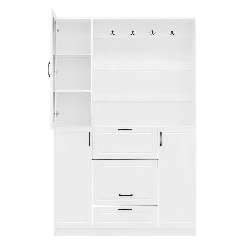 Entryway Bench With Integrated Shoe Cabinet, 3 In 1 Design And Mirrored Cabinet Door, Hall Tree With 4 Sturdy Hooks And Foldable Seat For Entrance, Living Room - White by HouseOfZazla