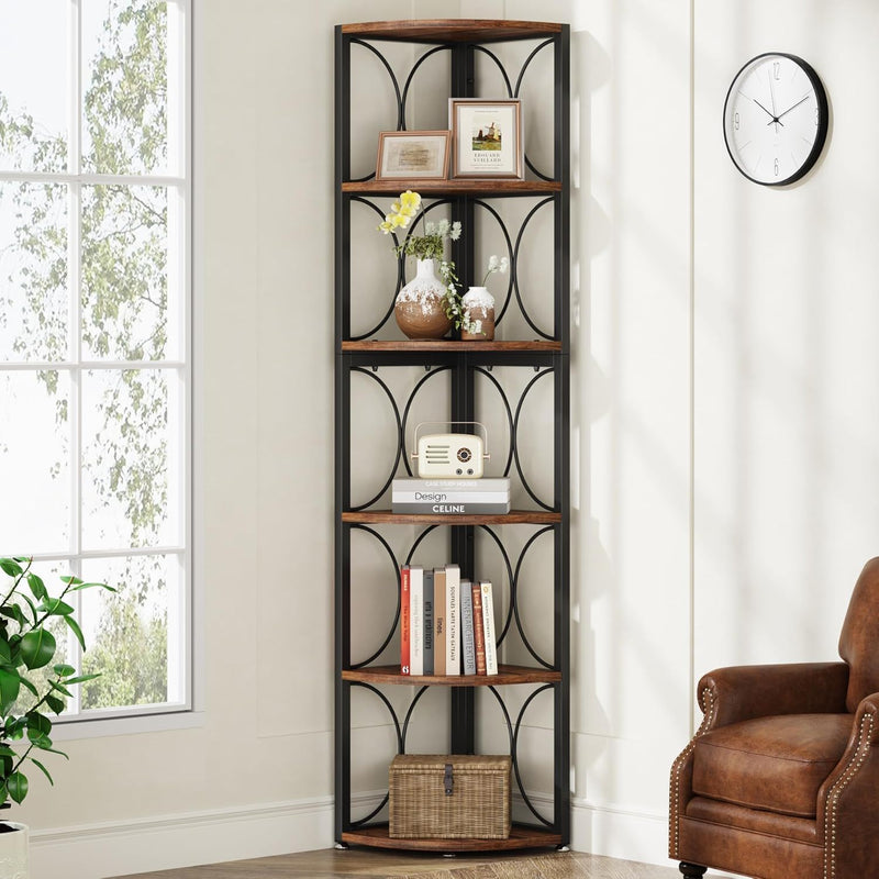 Tall 6 Tier Corner Bookshelf Storage Rack For Living Room - Rustic Brown by HouseOfZazla