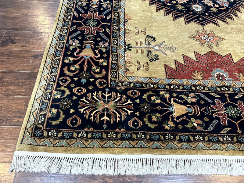 Indo Persian Heriz Rug 8x12, Camel Hair Tan and Navy Blue, Decorative by Jewel Rugs