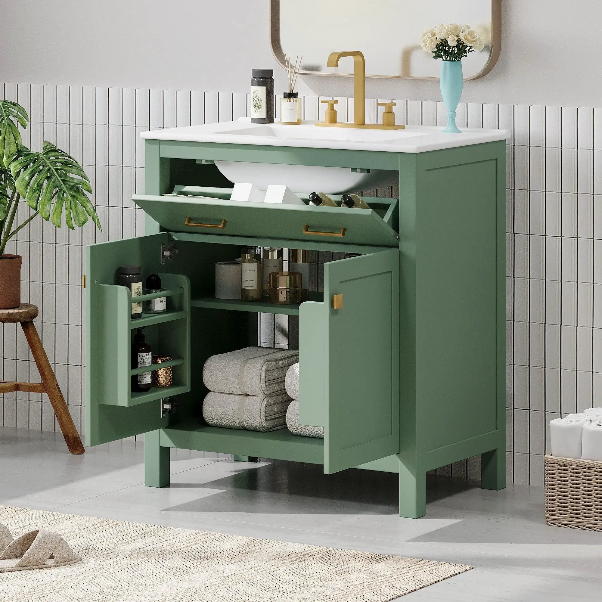 Bathroom Vanity With Ceramic Sink, Modern Single Bathroom Cabinet With 2 Doors And A Shelf, Soft Close Doors by Unique Piece Furniture