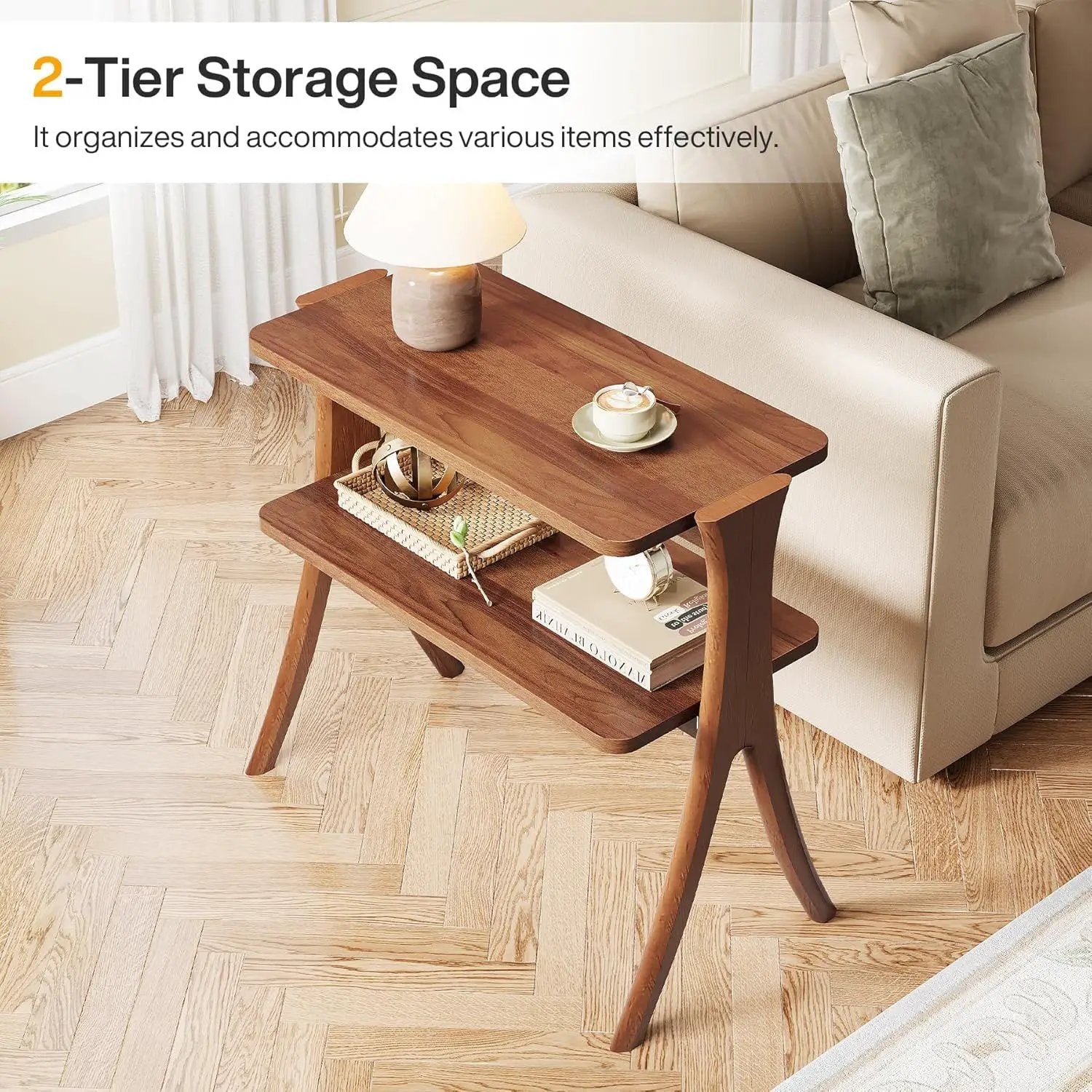 Narrow 2 Tier Side Slim Accent Table For Living Bedroom Or Entryway, Space Saving Furniture With Storage Shelf - Walnut by HouseOfZazla