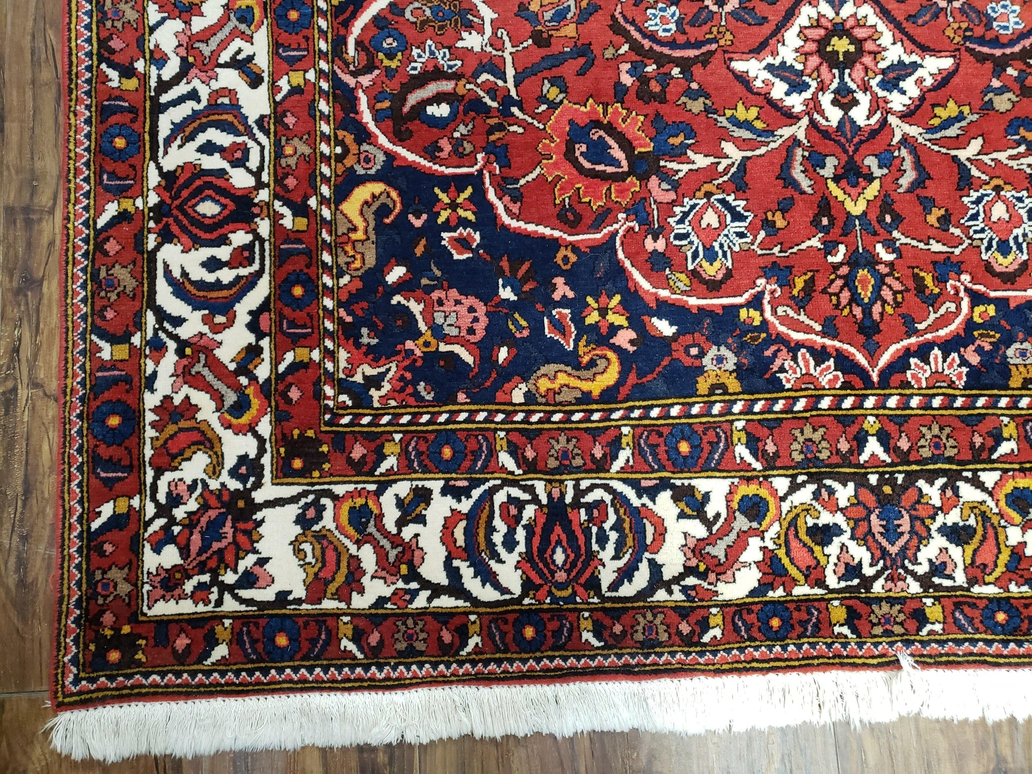 Semi Antique Persian Bakhtiari Rug, Hand-Knotted, Wool, Red, Midnight Blue, Ivory, Floral Medallion, 5'1" x 8' 6" by Jewel Rugs