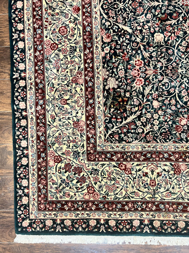 Large Sino Persian Rug 10x14, Wool Hand Knotted Vintage Carpet, Dark Green & Beige, Kirman Floral Rug, Fine Weave, Traditional, Large by Jewel Rugs