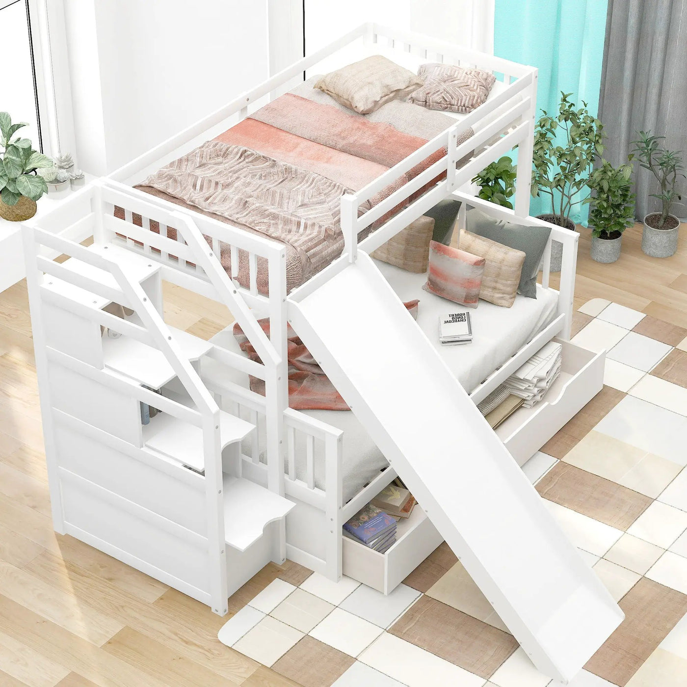 Bunk Bed With Storage Staircase, Slide, Desk, Drawers, And Shelves by HouseOfZazla