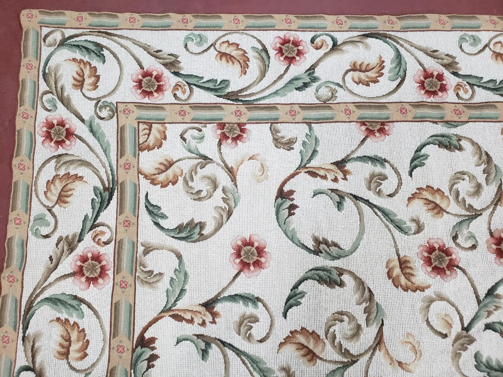 Needlepoint Rug 9x12, European Aubusson Design, Floral Allover Garden Pattern, New Needlepoint Area Rug, Ivory Rug, Hand Woven, Flatweave by Jewel Rugs