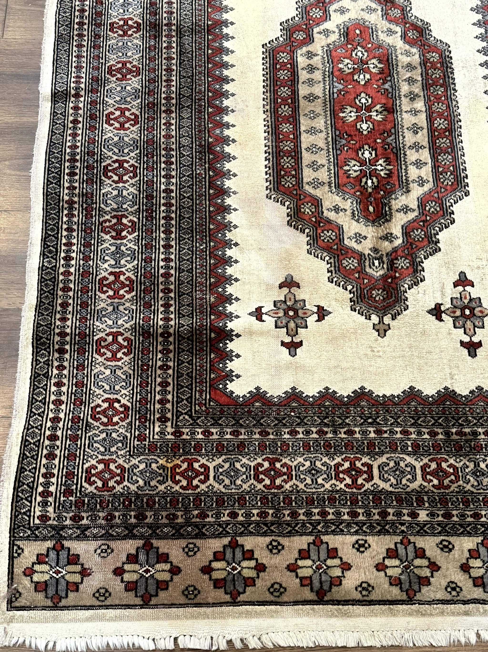 Pakistani Turkoman Rug 4x6, Semi Open Field, Ivory, Vintage by Jewel Rugs