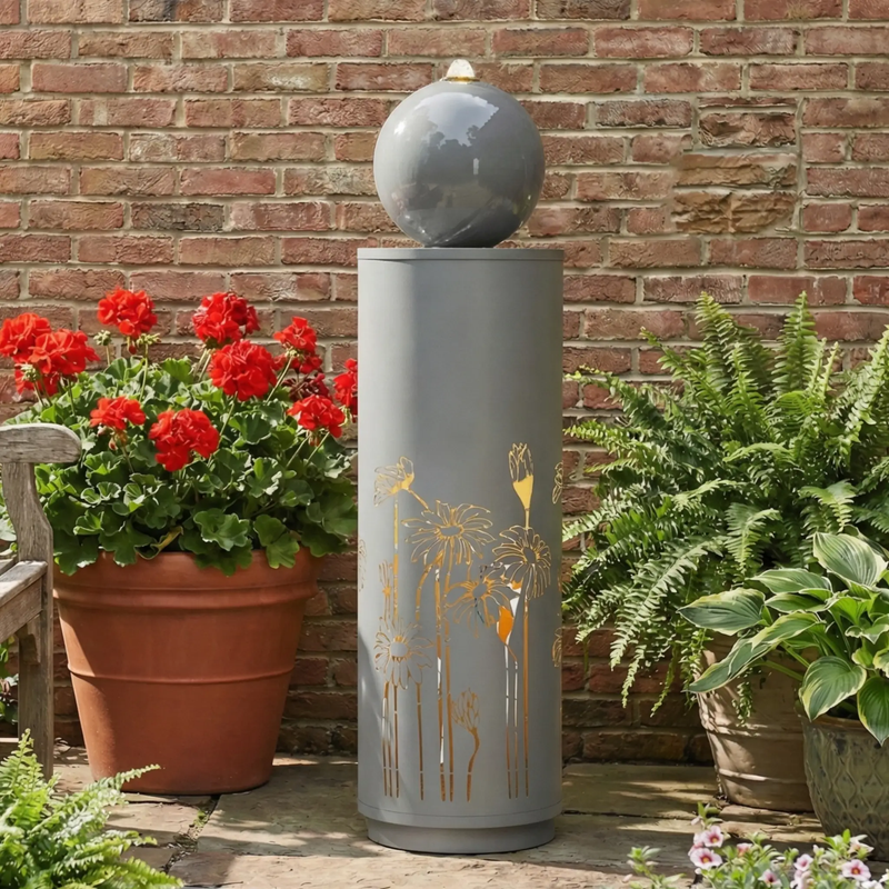 34.25'H Light Gray Metal Cutout Outdoor Water Fountain with LED Lights by HouseOfZazla