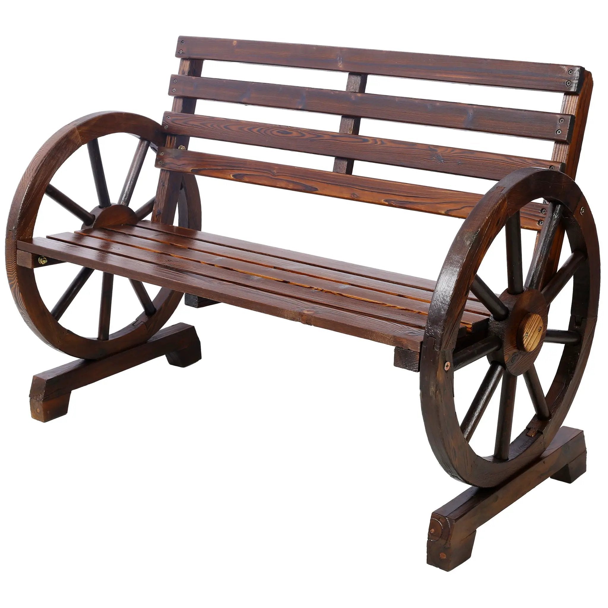Rustic Country 2 Person Wooden Wagon Wheel Bench With Slatted Seat And Backrest - Brown by HouseOfZazla