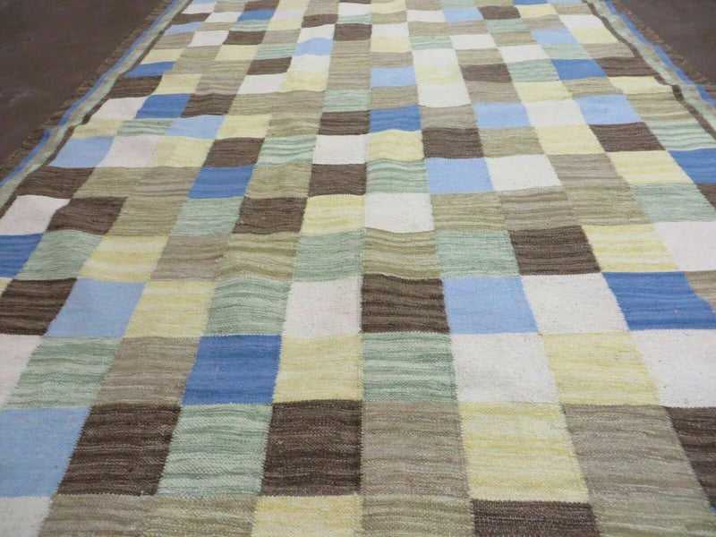 5' X 8' Hand-knotted Kilim Dhurrie Wool Cotton Rug Flat Weave Carpet Checkered Pattern Colorful Multicolor by Jewel Rugs