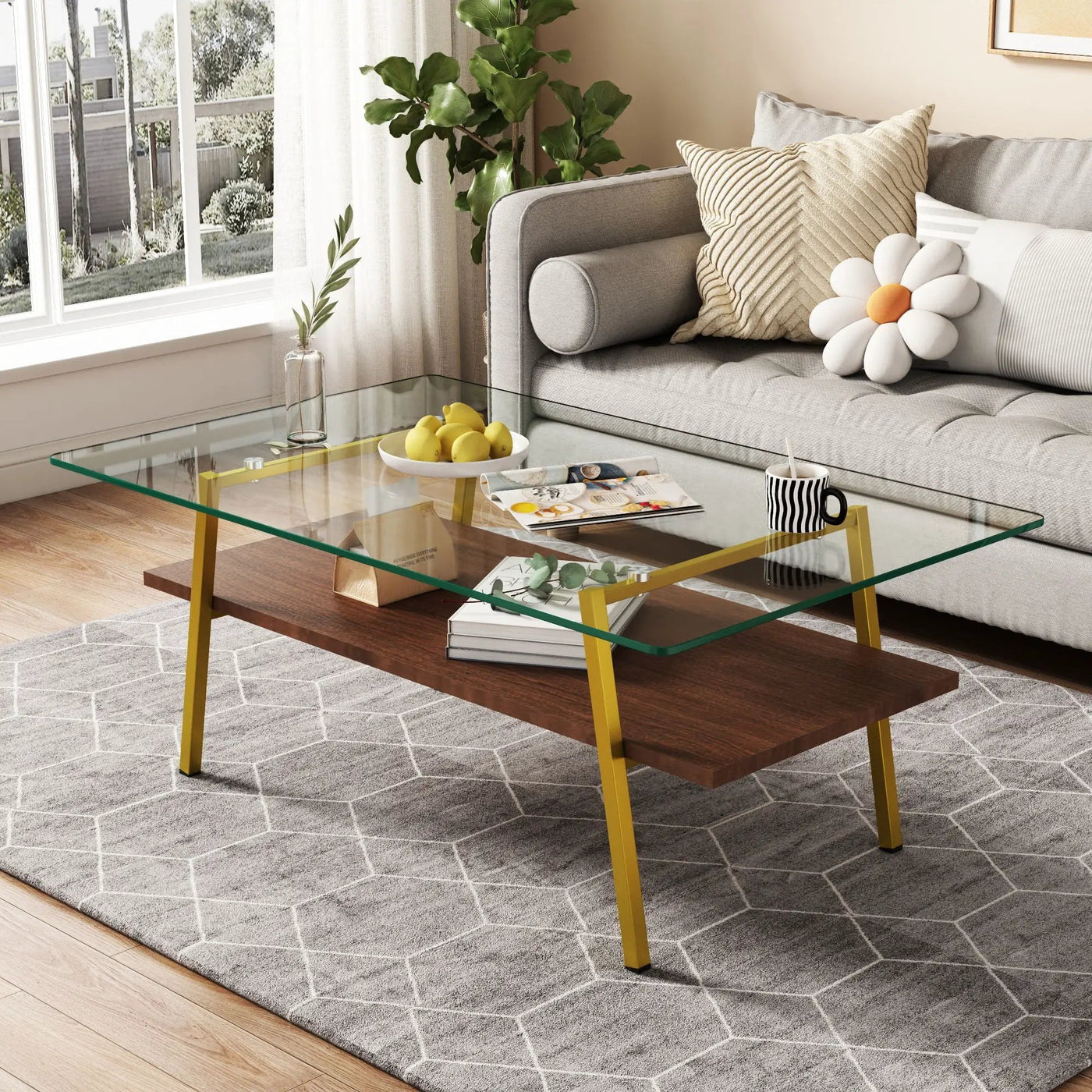 Rectangle Coffee Table, Tempered Glass Tabletop With Metal Legs, Modern Table For Living Room by HouseOfZazla