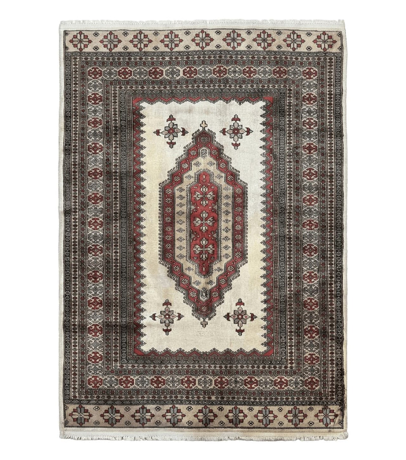 Pakistani Turkoman Rug 4x6, Semi Open Field, Ivory, Vintage by Jewel Rugs
