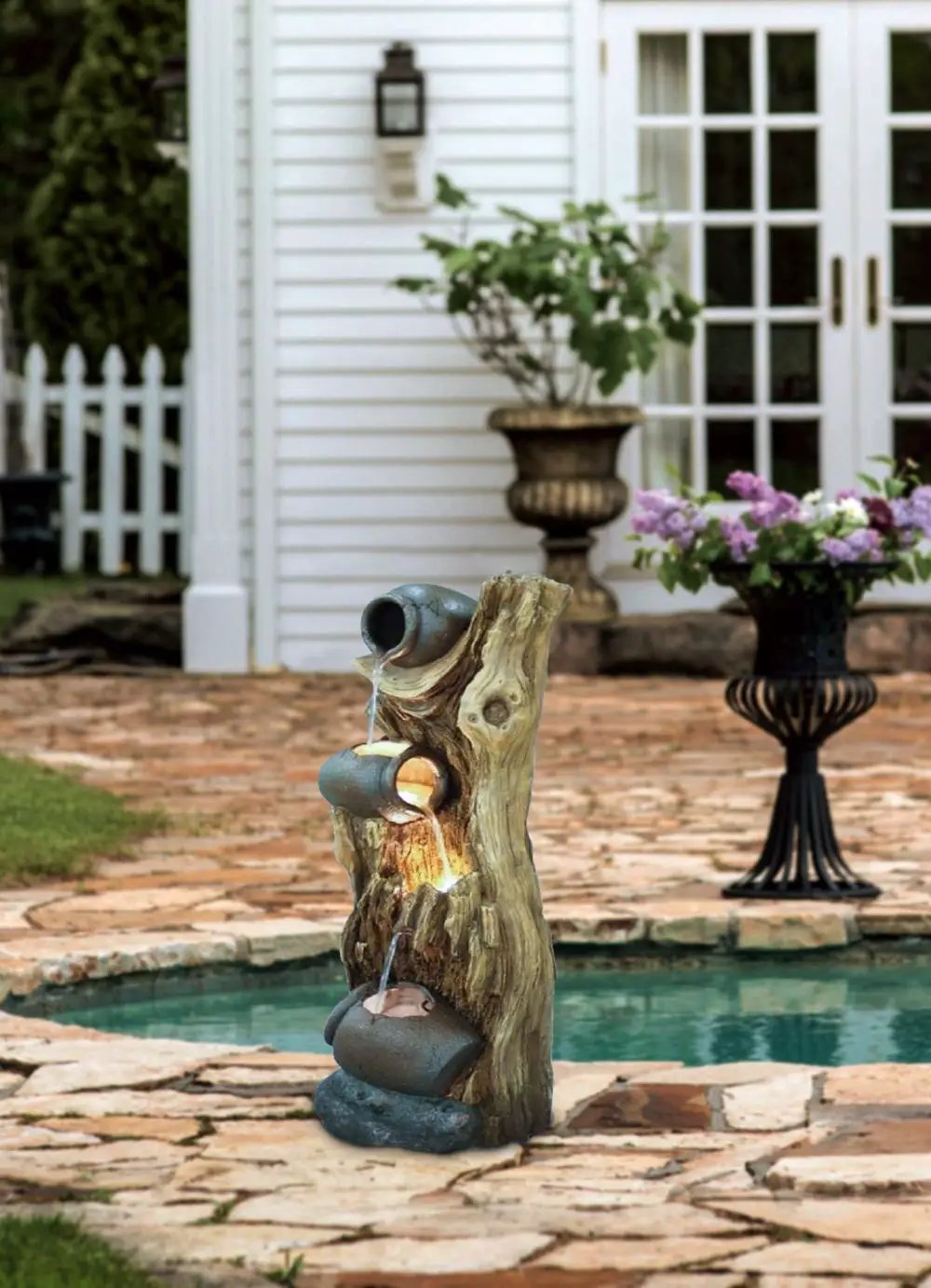 Decorative 3 Tier Tree Trunk Fountain With Lights And Pump - Brown by HouseOfZazla