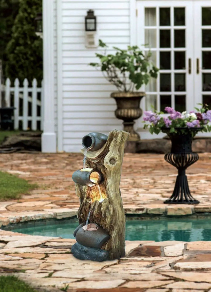 Decorative 3 Tier Tree Trunk Fountain With Lights And Pump - Brown by HouseOfZazla