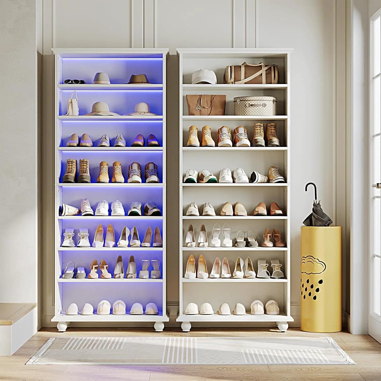 8 Tier Led Illuminated Shoe Cabinet With Adjustable Shelves, Storage Rack For 26 Pairs - White by HouseOfZazla