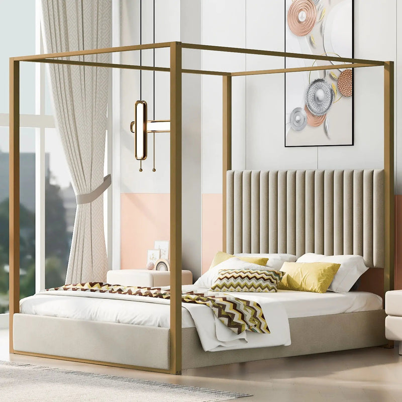 Upholstered Canopy Platform Bed With Frame, Queen Size - Beige by HouseOfZazla