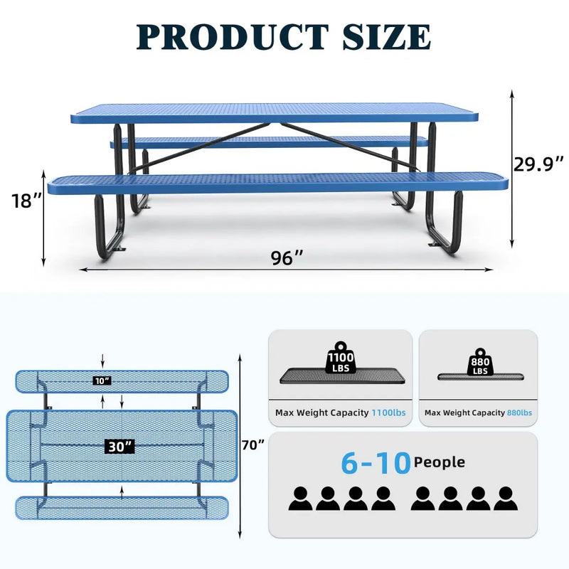 8 ft Metal Picnic Tables for Outdoors, Rectangle Coated Steel Patio Furniture Set by Chery Industrial