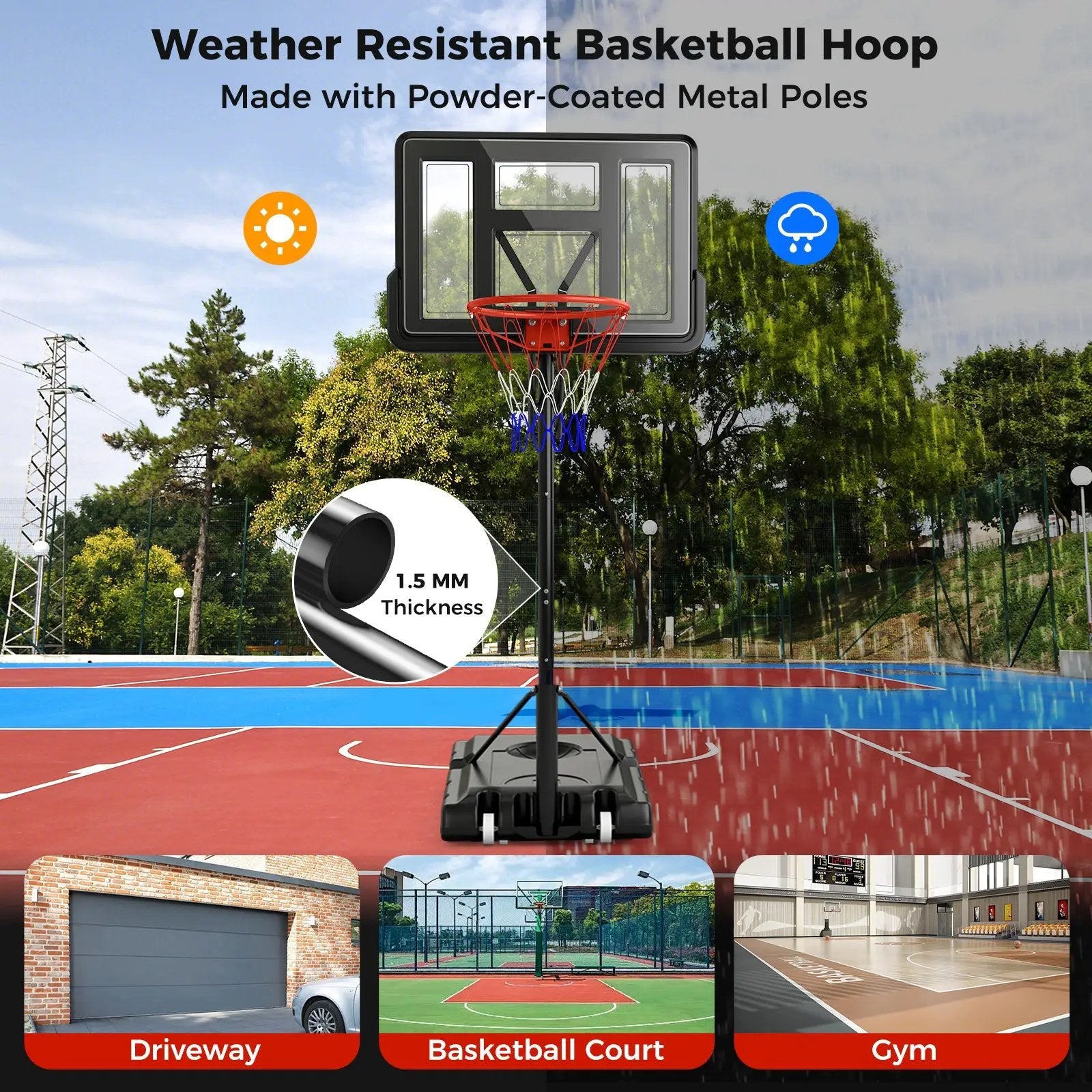 7.9-10 Feet Portable Basketball Hoop System with Sturdy Base and Wheels-Black by DirectDeals