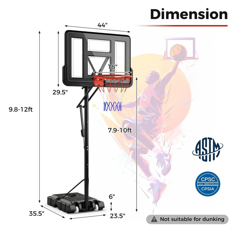 7.9-10 Feet Portable Basketball Hoop System with Sturdy Base and Wheels-Black by DirectDeals