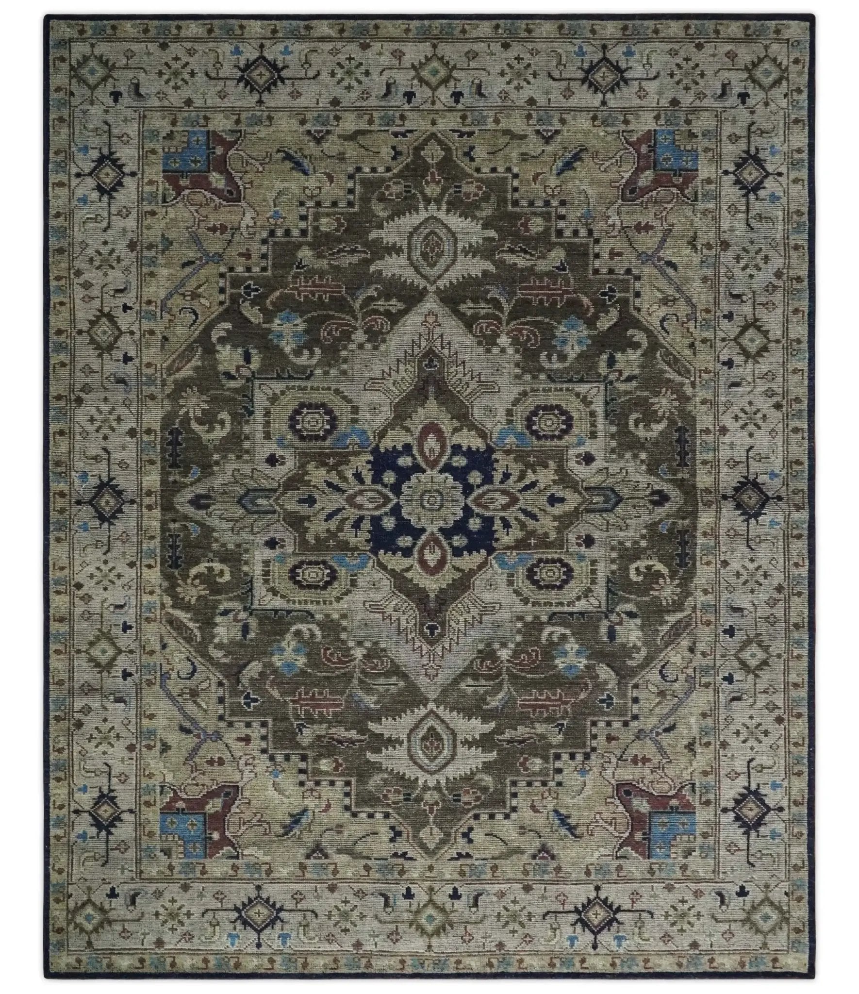 8x10 Antique look Brown, Beige and Blue Traditional Medallion wool Area Rug by The Rug Decor