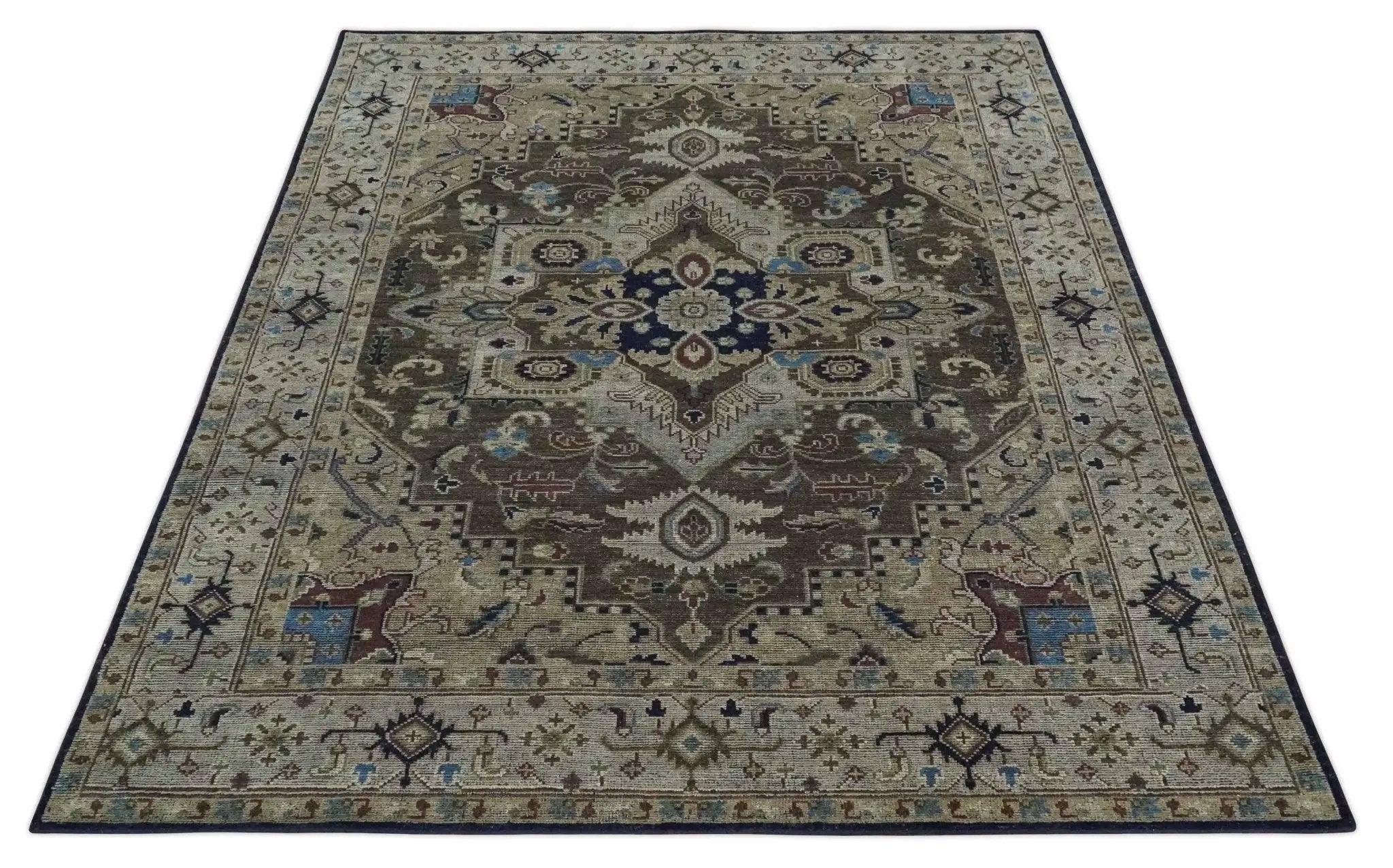 8x10 Antique look Brown, Beige and Blue Traditional Medallion wool Area Rug by The Rug Decor