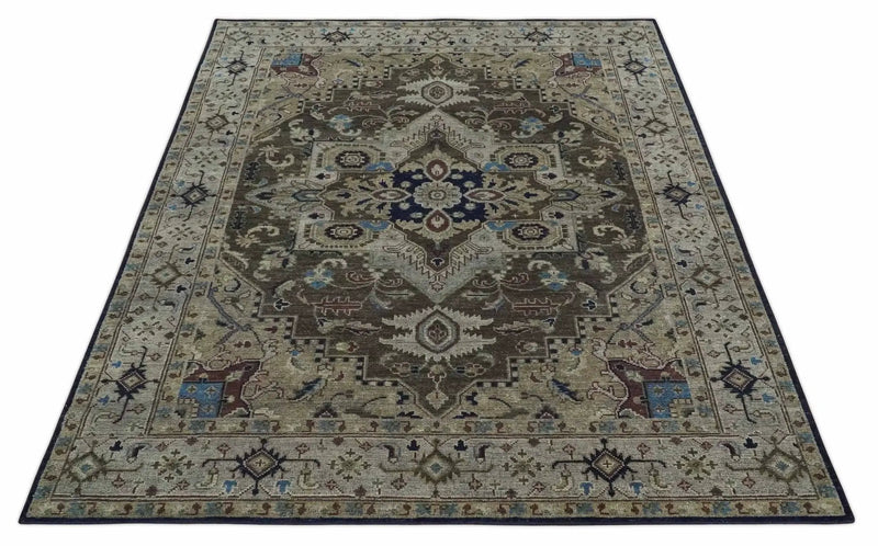 8x10 Antique look Brown, Beige and Blue Traditional Medallion wool Area Rug by The Rug Decor