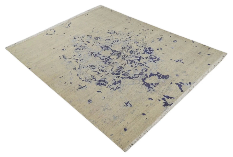 8x10 Beige, Blue and Silver Antique Style, Abstract Hand Knotted Low pile Wool Area Rug by The Rug Decor